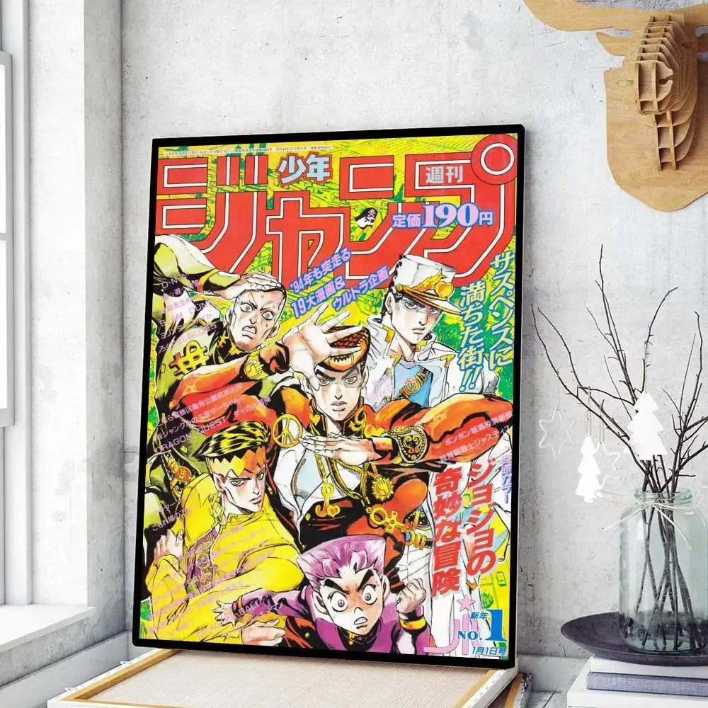 Vibrant framed DecorBites™ retro anime jojo’s bizarre adventure wall poster with bold red and yellow lettering and dynamic characters