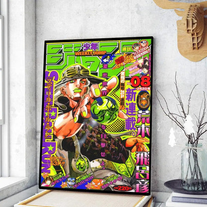 Vibrant green and orange manga poster featuring a character in goggles with bold japanese text for jojo’s bizarre adventure decor