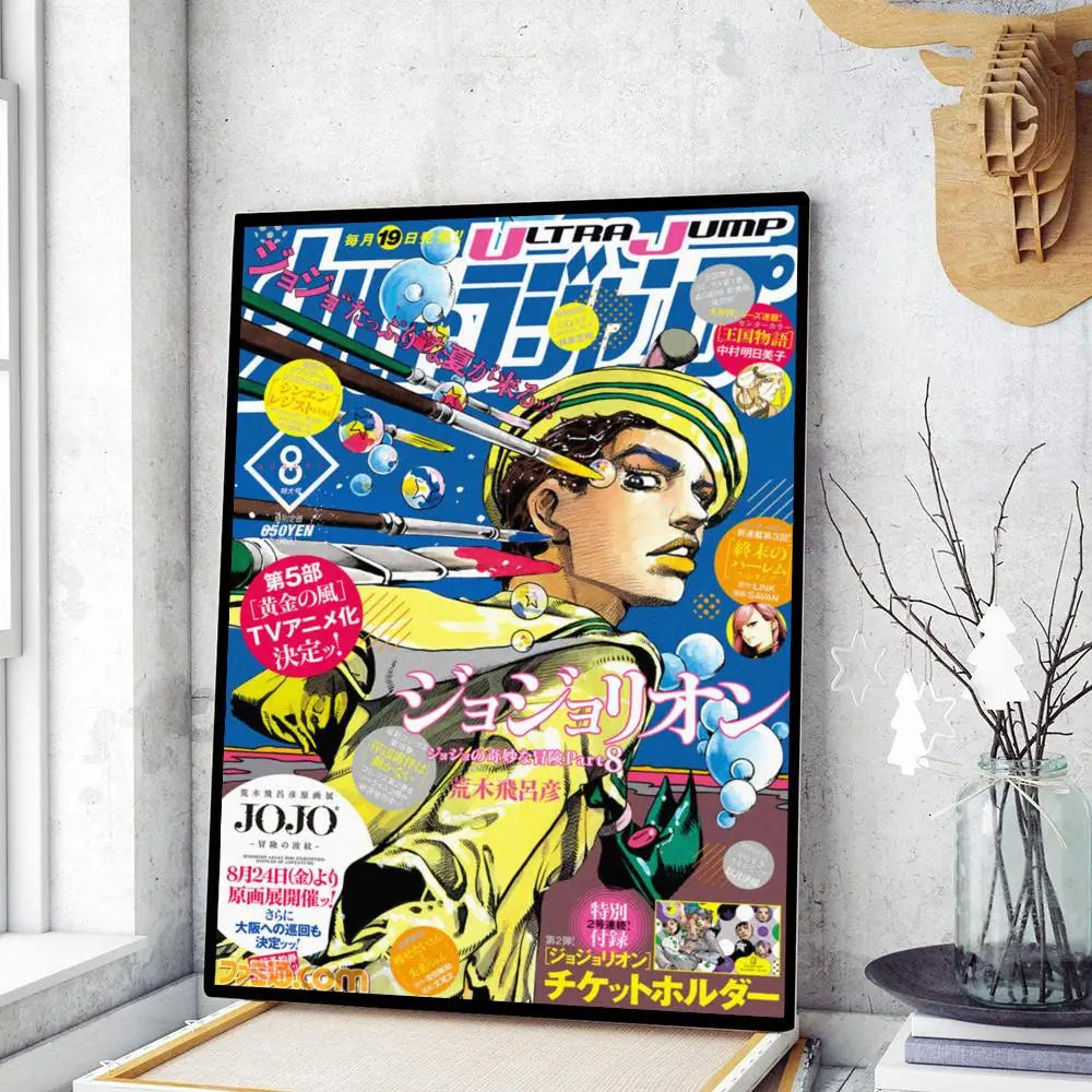 Vibrant yellow and blue jojo’s bizarre adventure anime poster featuring character with green headband for wall decoration