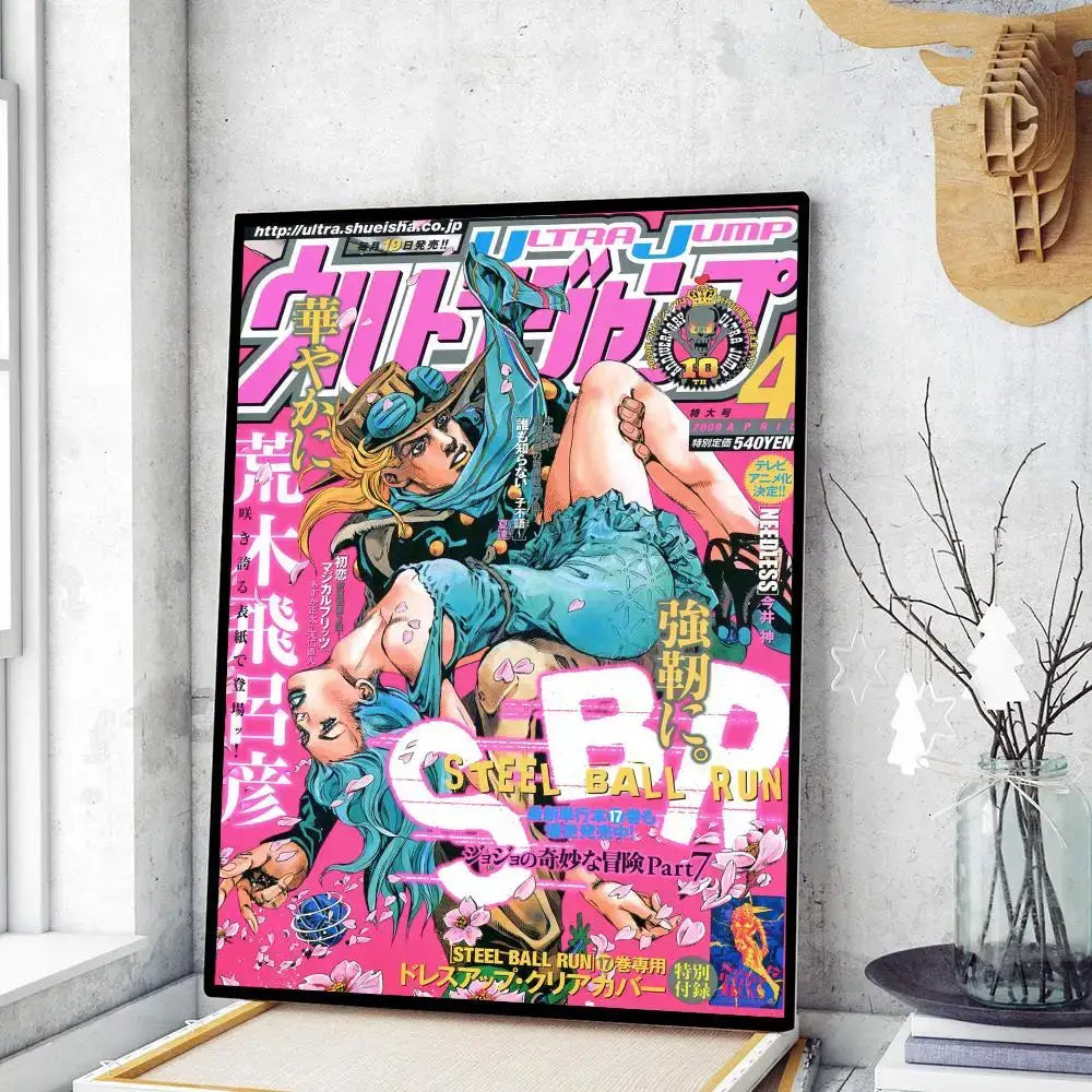 Vibrant pink and teal retro anime poster featuring steel ball run cover art for jojo’s bizarre adventure wall decor