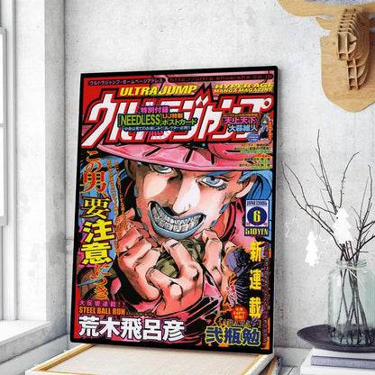 Vibrant red and black DecorBites™ retro anime jojo wall poster featuring a character in a pink hat with bold Japanese text for jojo’s bizarre adventure fans