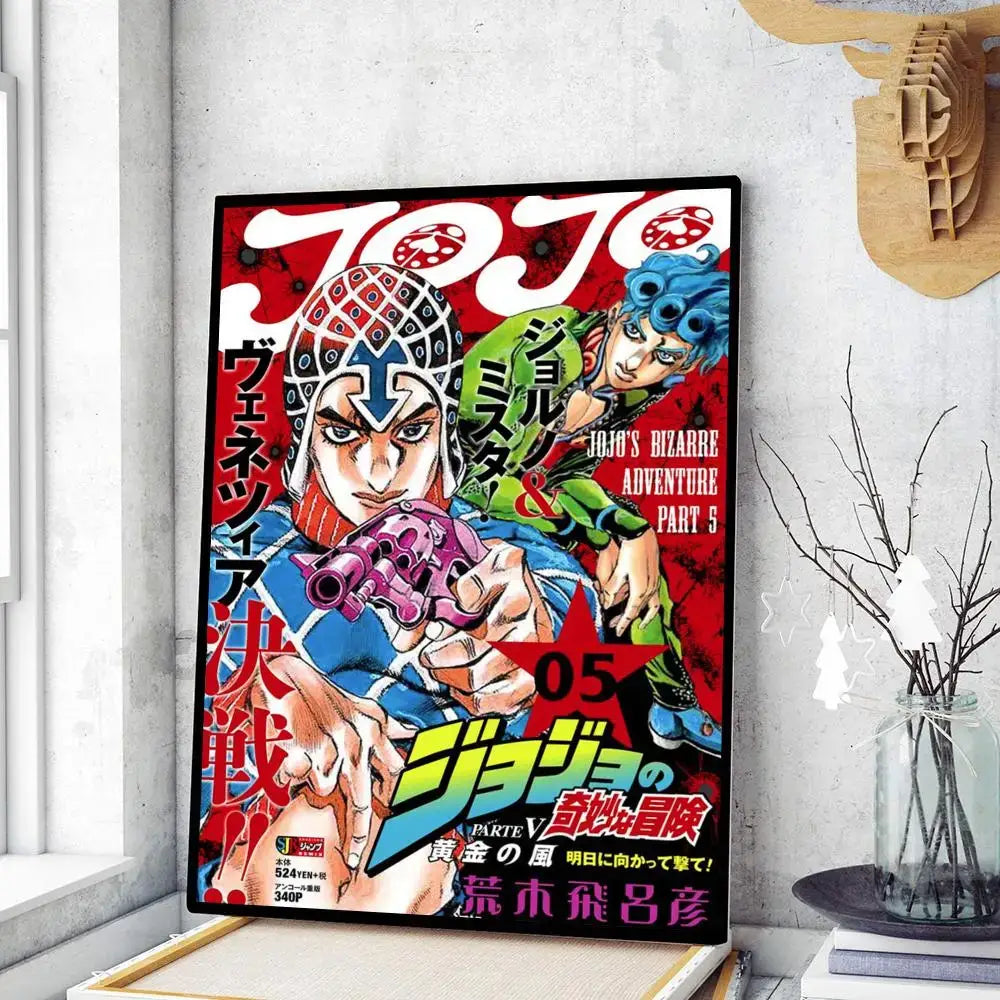 Vibrant red and blue framed decorbites™ retro anime jojo’s bizarre adventure part 5 wall poster featuring bold japanese text and characters