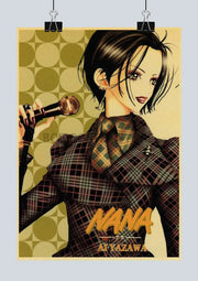 Vintage-style retro anime nana kraft poster featuring an anime character in a plaid suit holding a microphone by ai yazawa