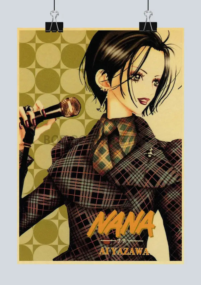 Vintage-style retro anime nana kraft poster featuring an anime character in a plaid suit holding a microphone by ai yazawa