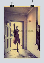 A vintage-style decorbites™ retro anime nana poster featuring a woman with acoustic guitar in sunlit hallway on kraft paper