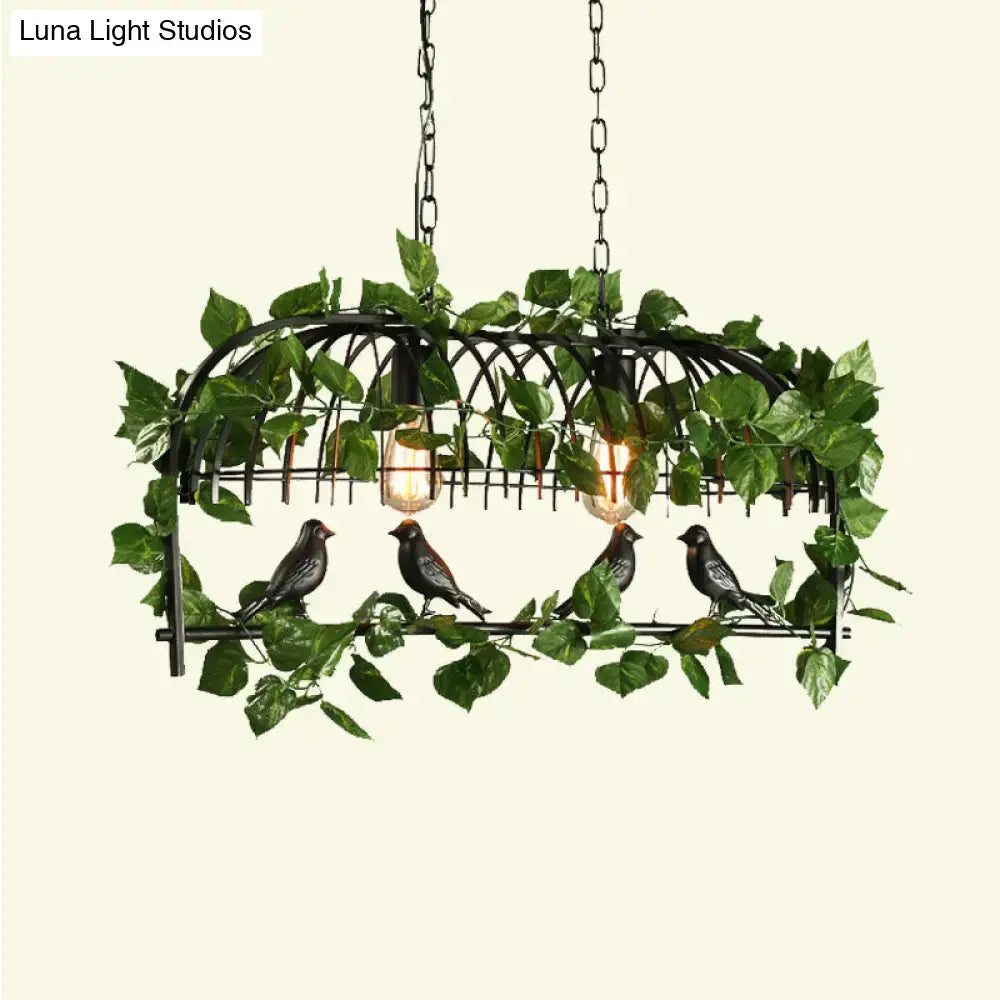 Black wrought iron retro birdcage island light fixture with artificial vines and four decorative birds for ceiling use