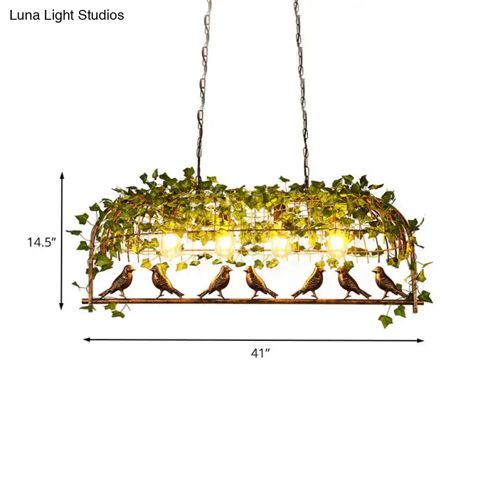 Bronze bird-themed decorbites retro birdcage island light fixture with six sculpted birds and artificial green ivy