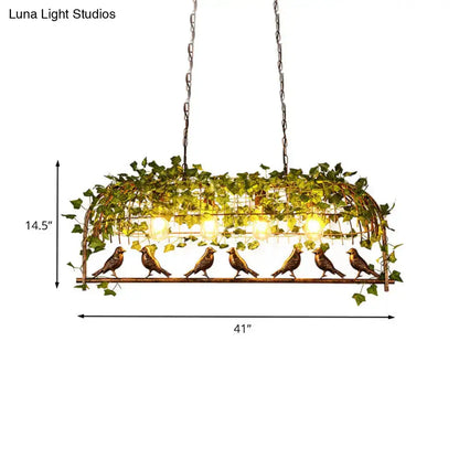 Bronze bird-themed decorbites retro birdcage island light fixture with six sculpted birds and artificial green ivy
