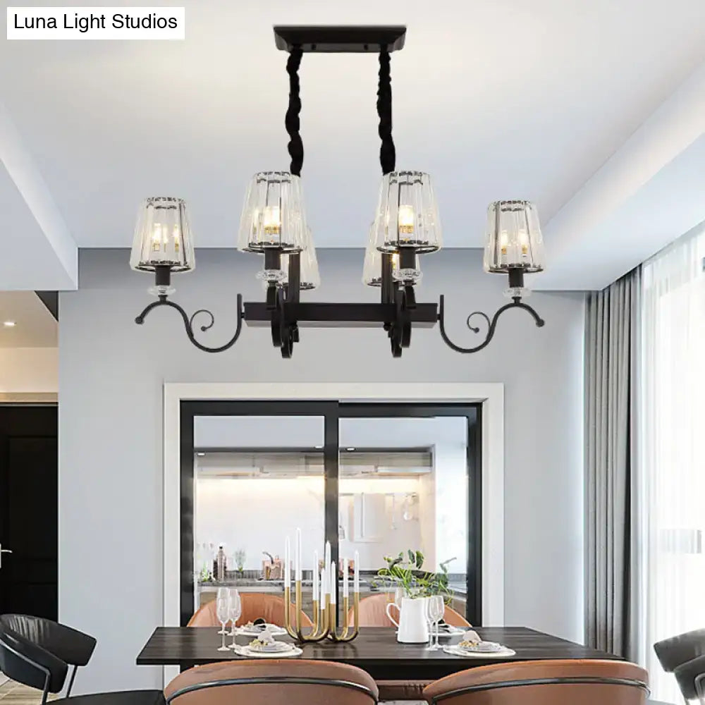 Black wrought iron DecorBites™ retro chandelier with clear glass shades and twisted cord suspension for dining room e12 e14