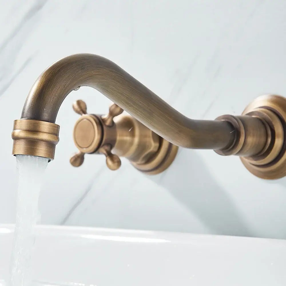Antique brass decorbites™ retro color wall mounted bathroom faucet with dual handles and curved spout
