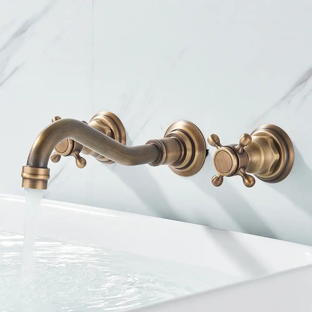 Antique brass DecorBites™ retro color wall mounted bathroom faucet with dual handles and curved spout