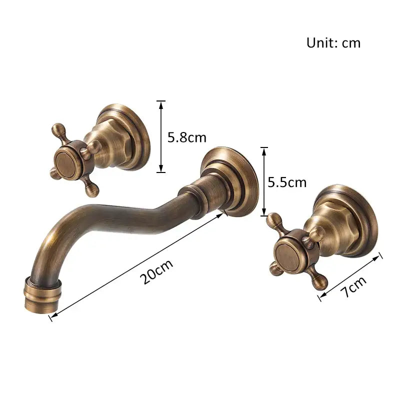 DecorBites™ retro color wall mounted bathroom faucet with antique brass finish, dual cross handles, and curved spout