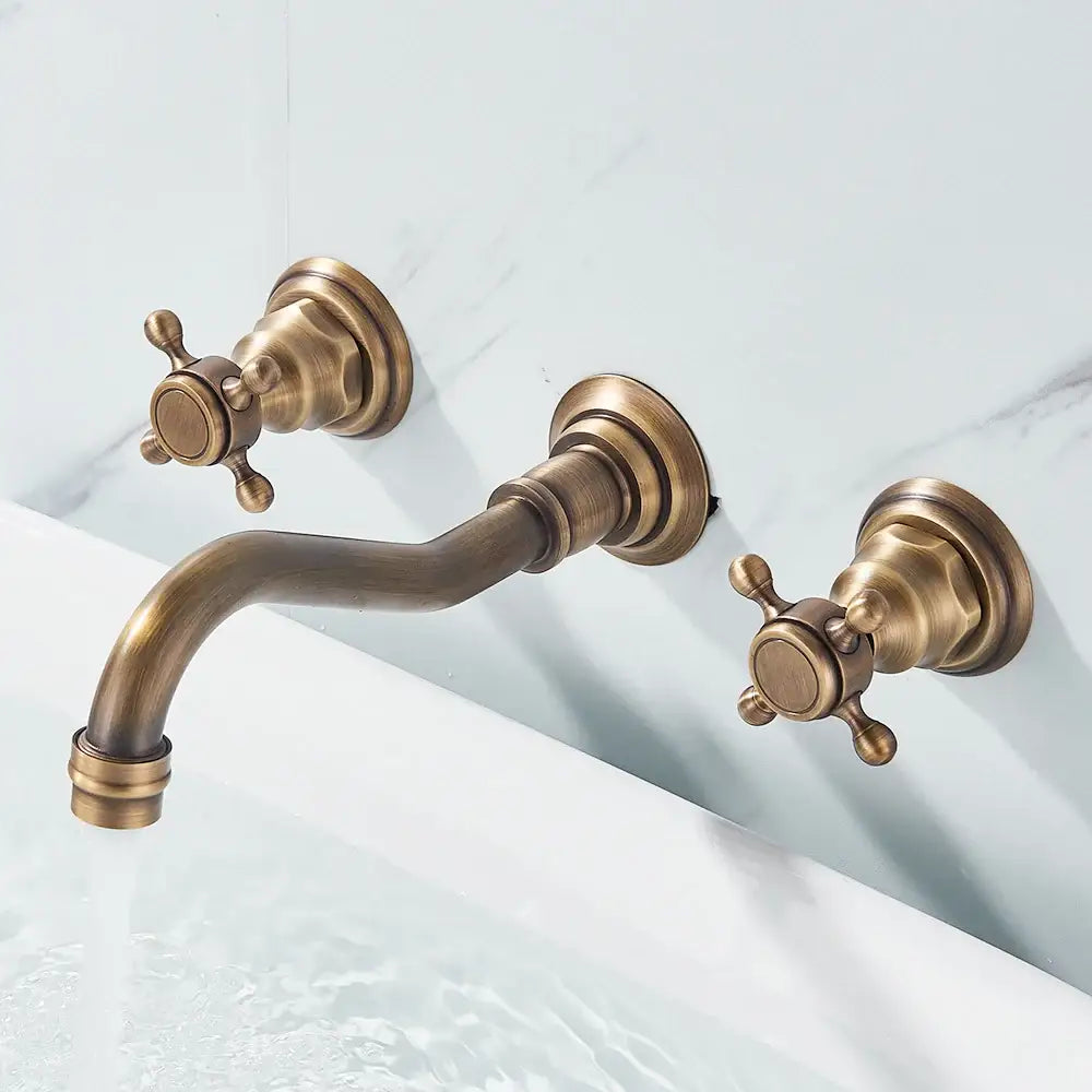Antique brass decorbites™ retro color wall mounted bathroom faucet with dual cross handles and curved spout