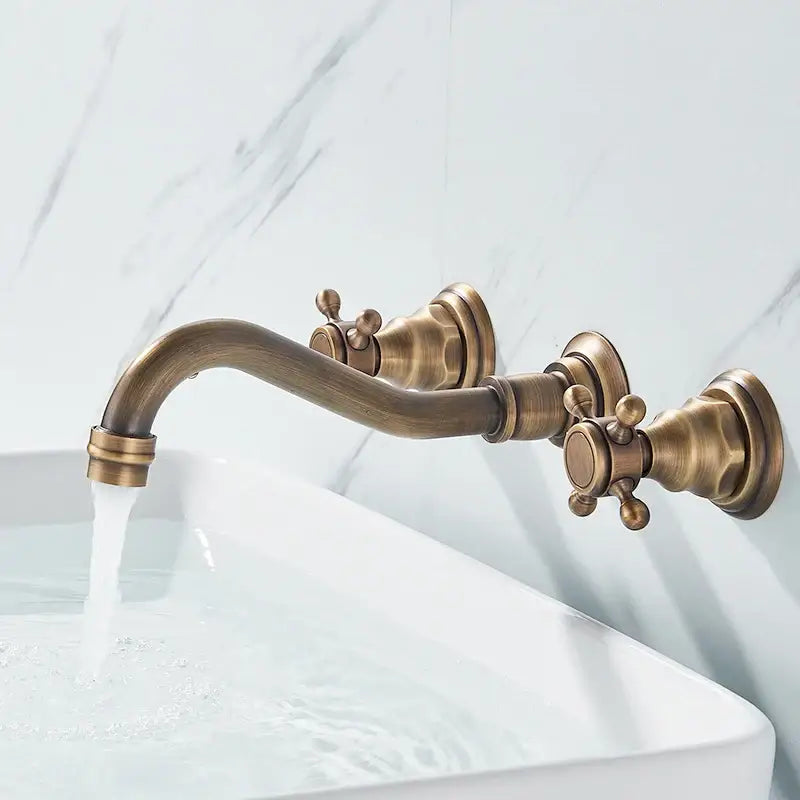 Antique brass decorbites retro color wall mounted bathroom faucet with dual handles and curved spout for elegant use