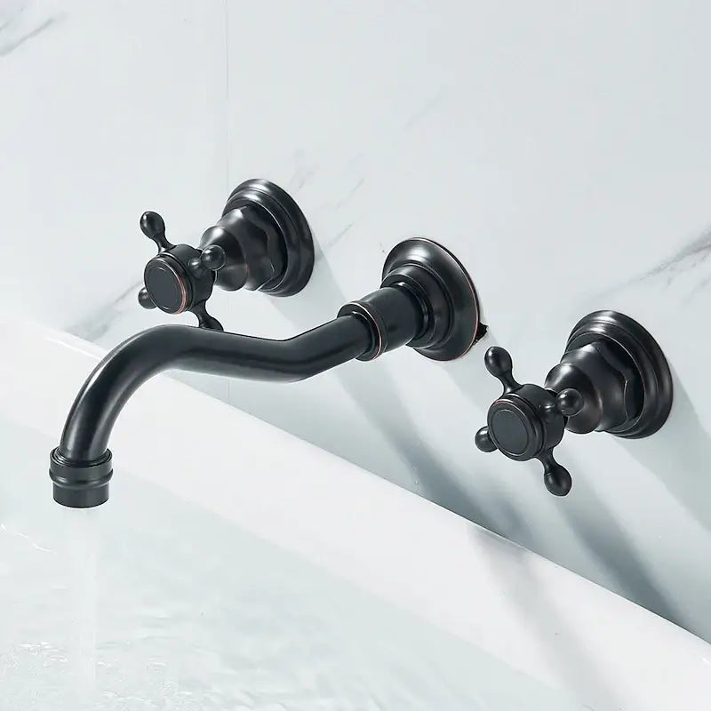 DecorBites™ retro color wall mounted bathroom faucet with dual handles and black matte curved spout in metal finish