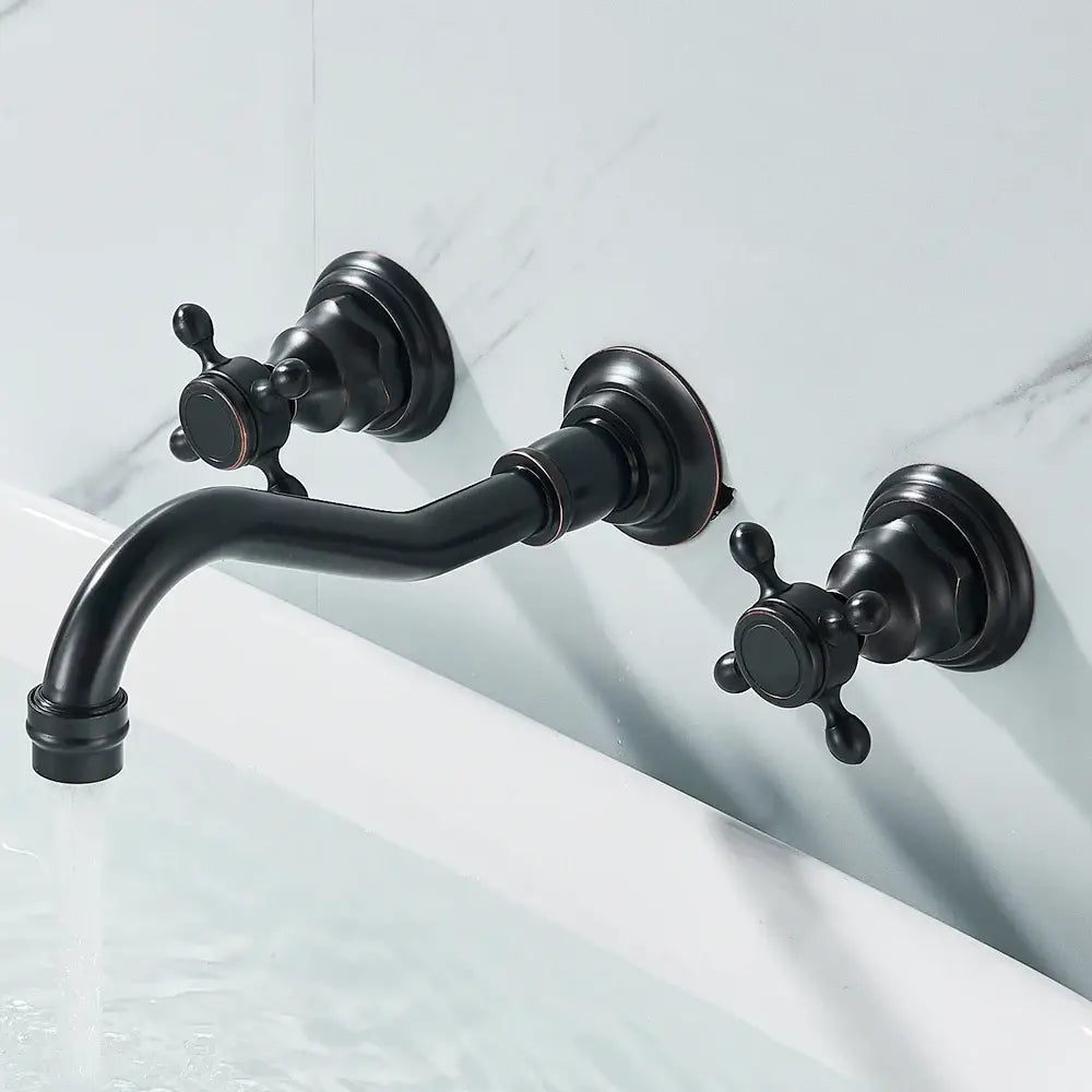 DecorBites™ retro color wall mounted bathroom faucet in black matte with dual cross handles and a curved spout