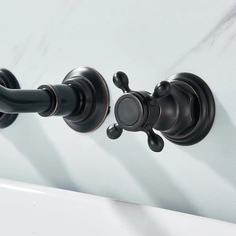 DecorBites™ retro color wall mounted bathroom faucet in black matte brass with classic dual handles and cross-handle design