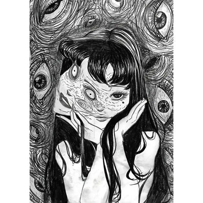 Black-and-white ink drawing poster of a retro cool girl with long dark hair and multiple swirling eyes for home decor