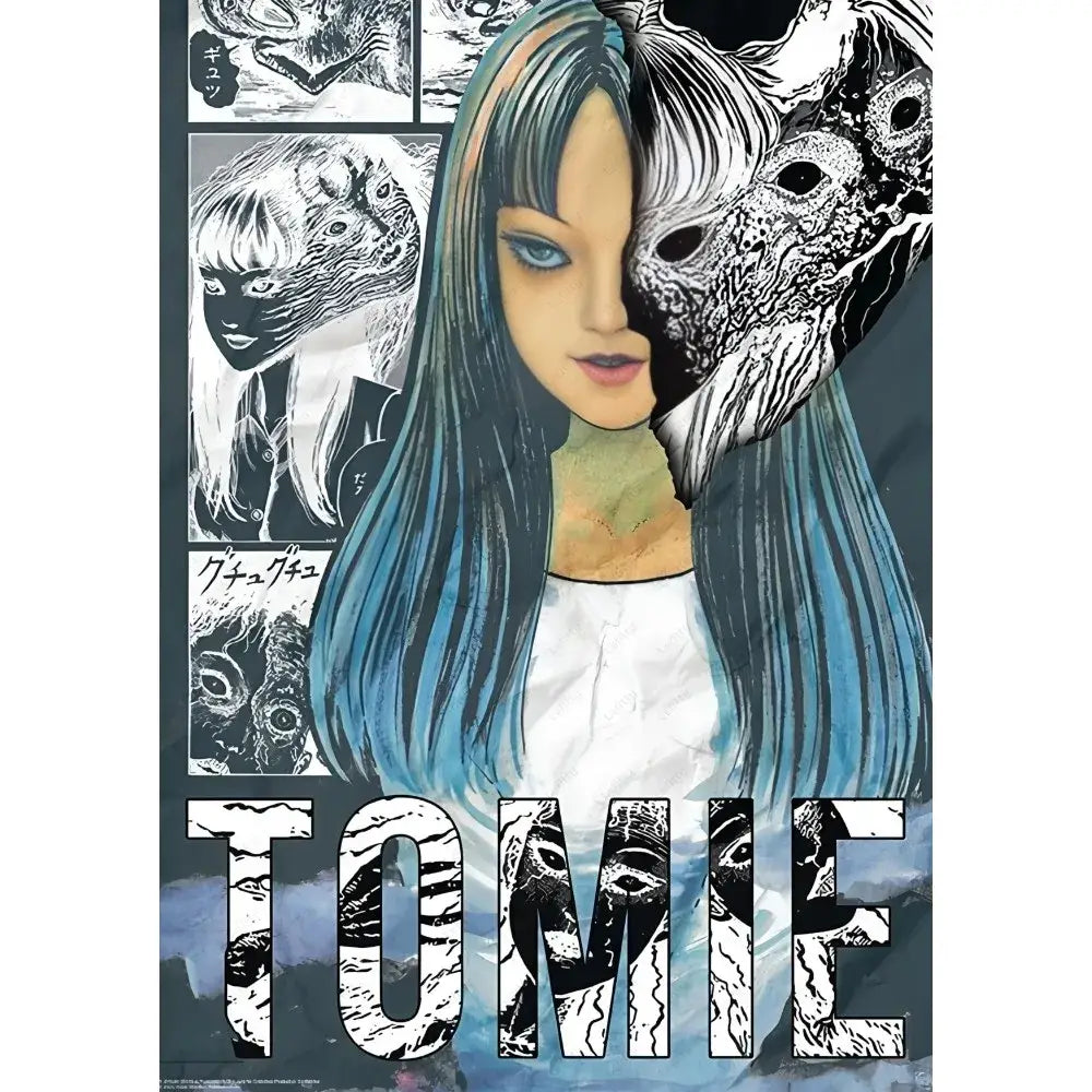 Stylized retro cool girl poster featuring a woman with long blue hair and manga-style face design for home decor
