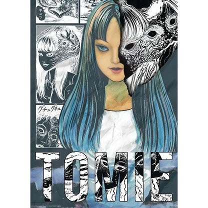 Stylized retro cool girl poster featuring a woman with long blue hair and manga-style face design for home decor