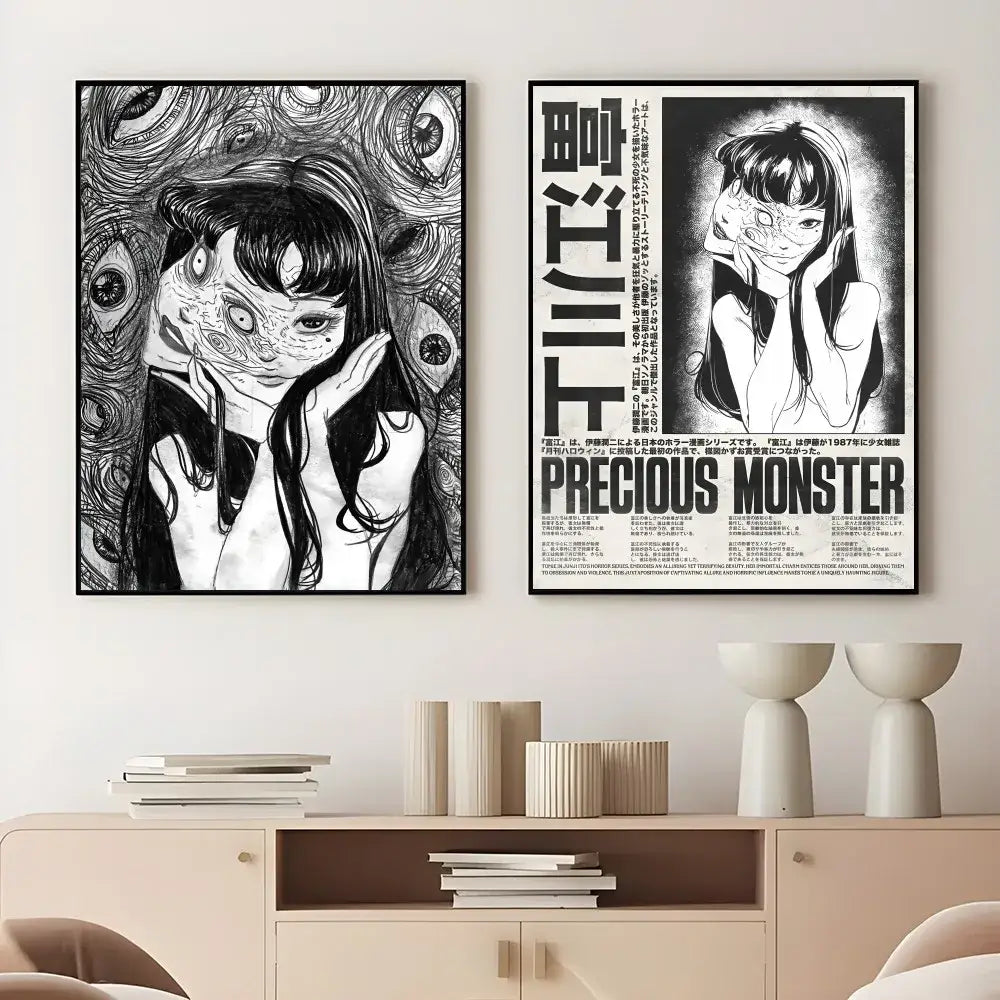 Two black and white framed retro cool girl anime style posters featuring intricate eye patterns and bold text for home decor