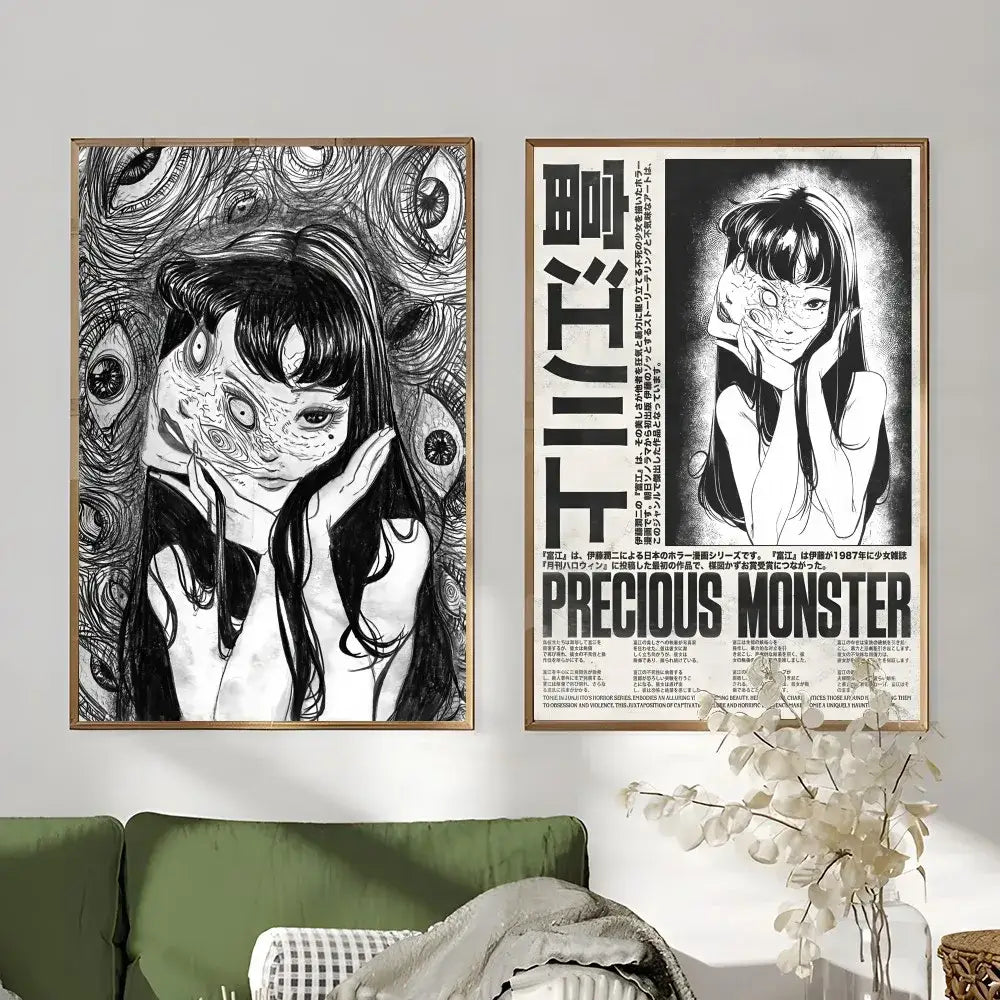 Two framed black-and-white retro cool girl anime posters with intricate eye designs and bold japanese text for home decor