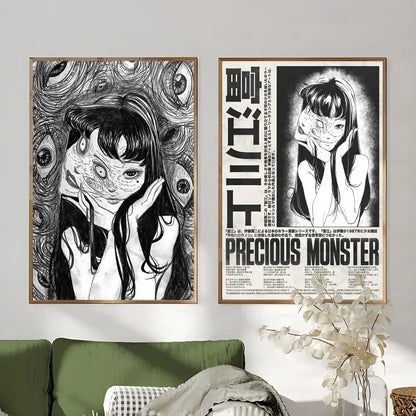 Two framed black-and-white retro cool girl anime posters with intricate eye designs and bold japanese text for home decor