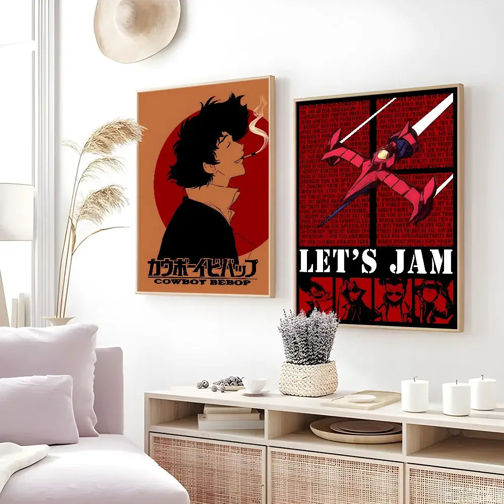 Decorbites™ retro cowboy bebop anime poster with orange red frame featuring silhouette of protagonist smoking and japanese text