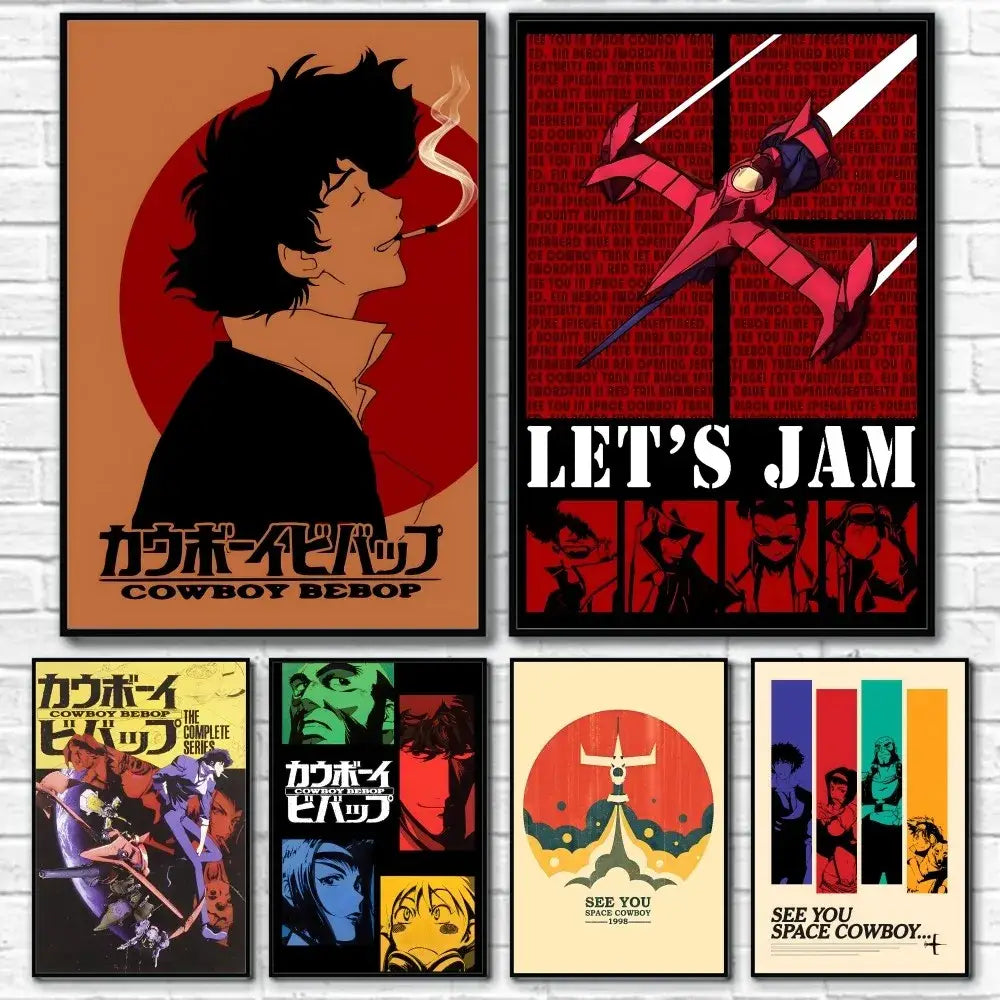 Set of six framed retro cowboy bebop anime posters with vibrant red orange black blue green and yellow colors for home decor