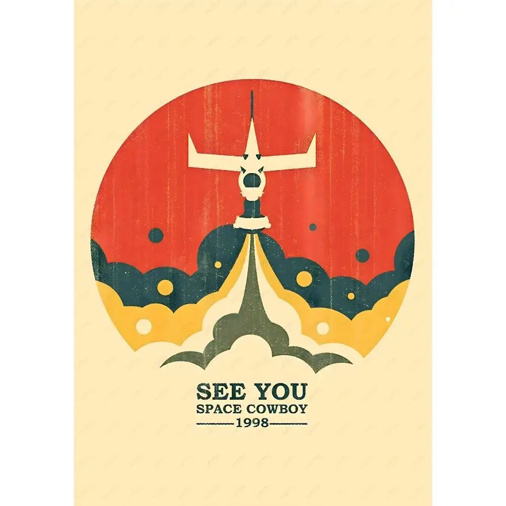 Decorbites retro cowboy bebop anime poster featuring a space cowboy rocket launch with red and yellow backdrop for home decor