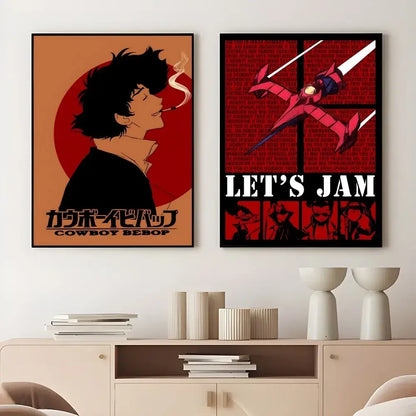 Two framed retro cowboy bebop anime posters featuring a black-and-white silhouette and a red robot on the wall