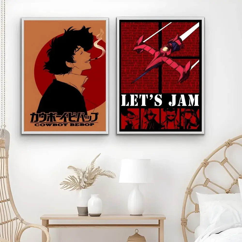 Two framed retro cowboy bebop anime posters with black silhouette and red robot for home decor by decorbites