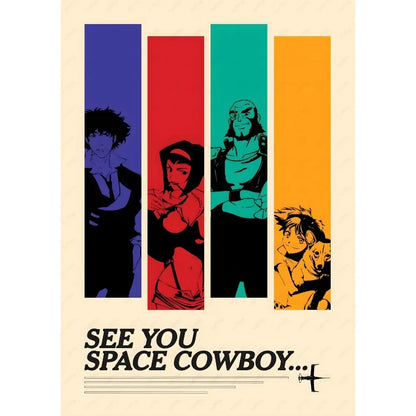 Vibrant retro cowboy bebop anime poster with vertical stripes and stylized characters featuring see you space cowboy text