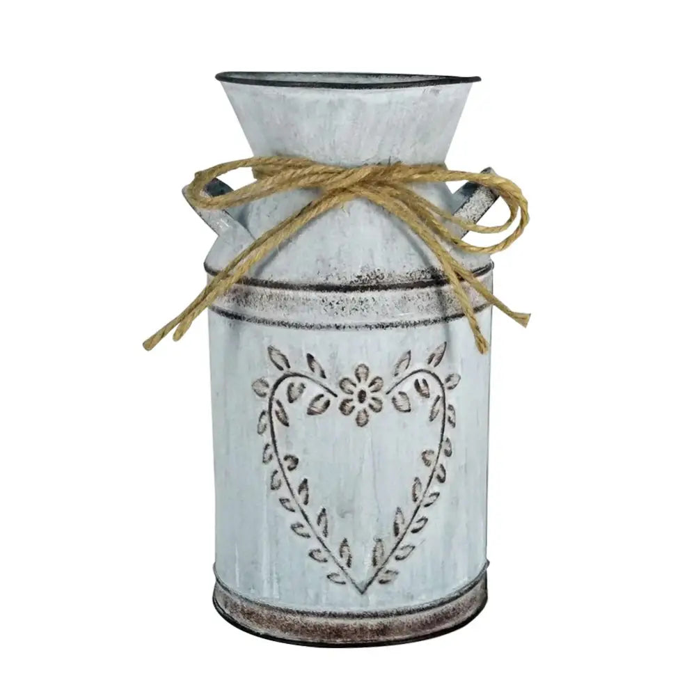 DecorBites™ retro floral metal vase holder white rustic metal vase holder with embossed heart and leaf design tied with twine