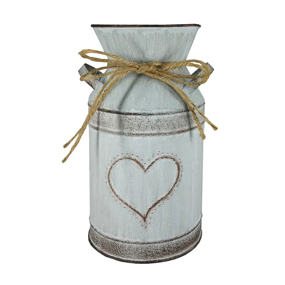 DecorBites™ retro floral white metal vase holder with distressed finish and stitched heart tied with natural twine