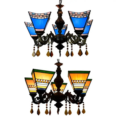 Decorbites retro geometric stained glass chandelier with yellow blue and amber green shades and crystal pendants