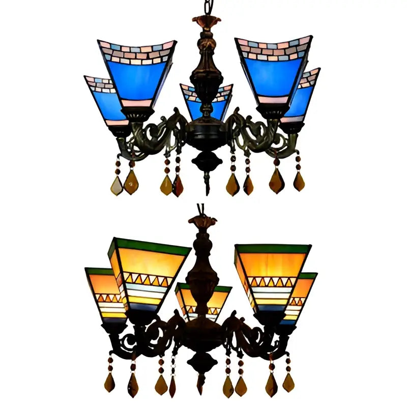 Decorbites retro geometric stained glass chandelier with yellow blue shades and crystal pendants for bedroom lighting