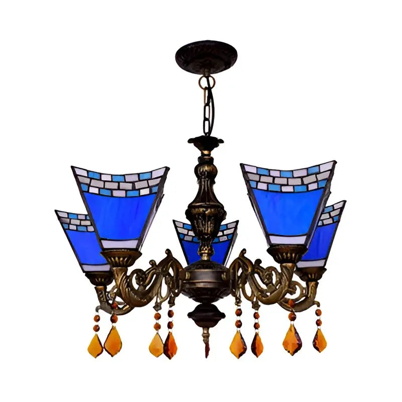 DecorBites™ retro geometric stained glass chandelier with blue and yellow glass and amber teardrop crystal pendants