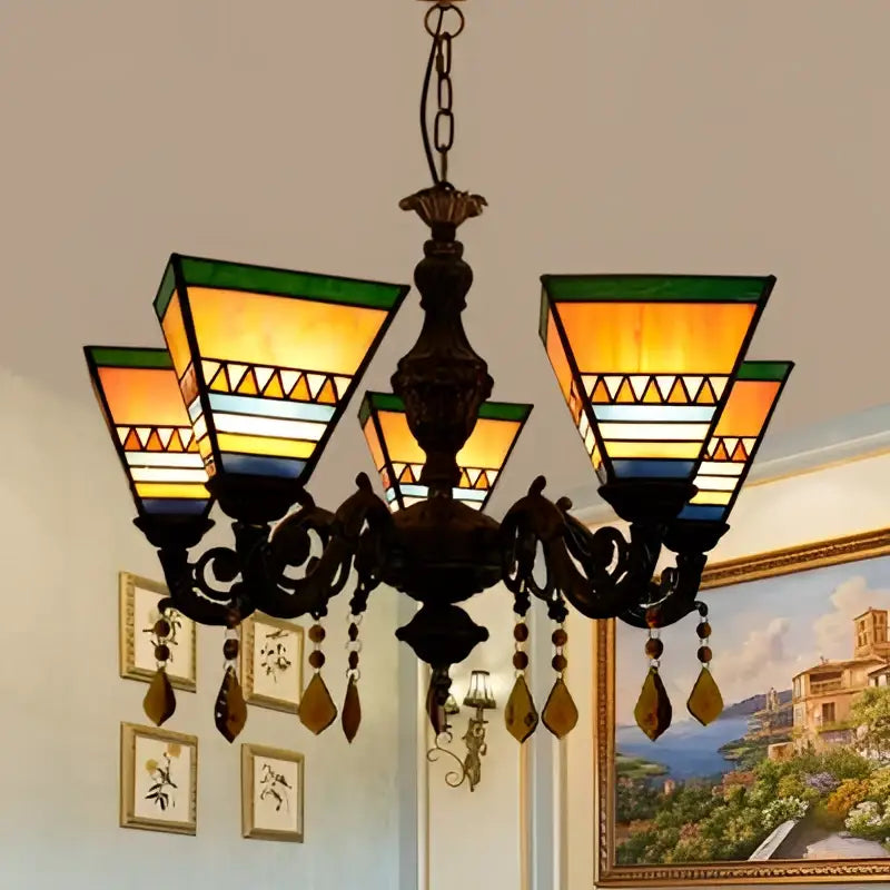 DecorBites™ vintage-style stained glass chandelier with five yellow blue geometric shades and crystal pendants for bedroom