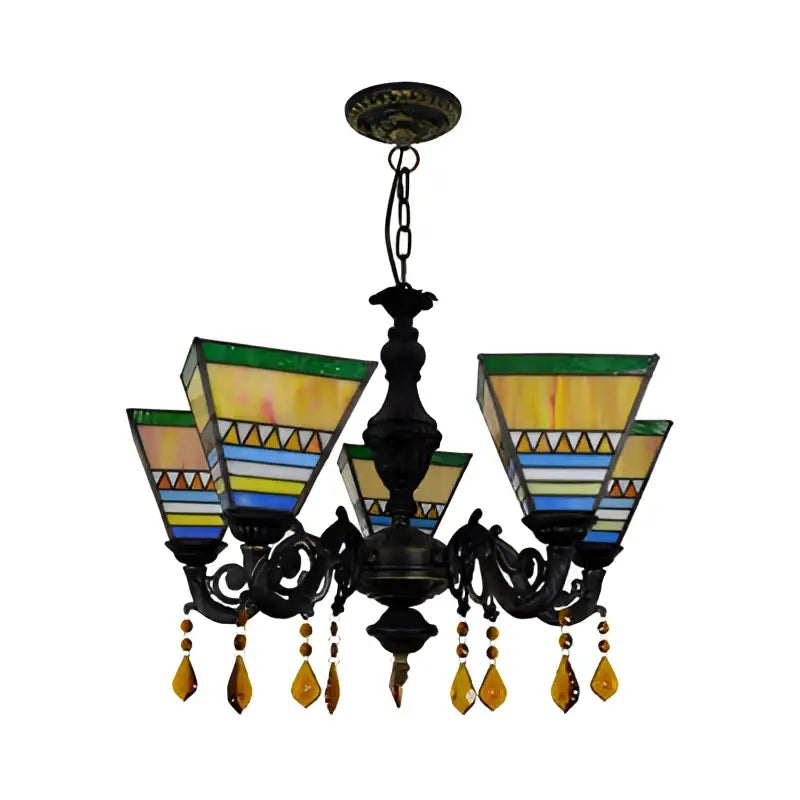 Black wrought iron DecorBites retro geometric stained glass chandelier with yellow blue panels and amber crystals for bedroom