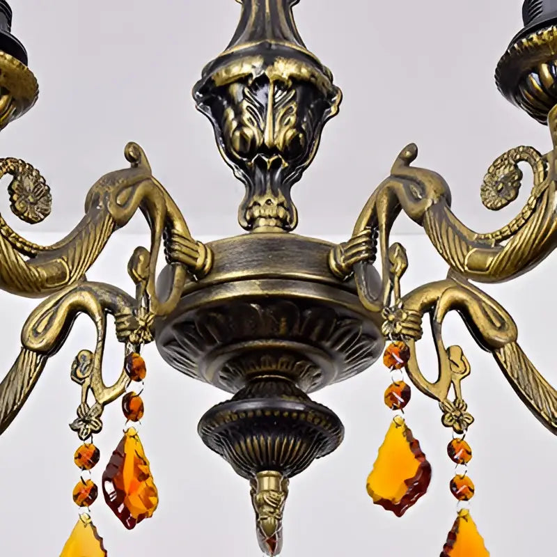 Decorbites™ retro geometric stained glass chandelier with yellow blue amber crystal pendants and ornate brass scrollwork