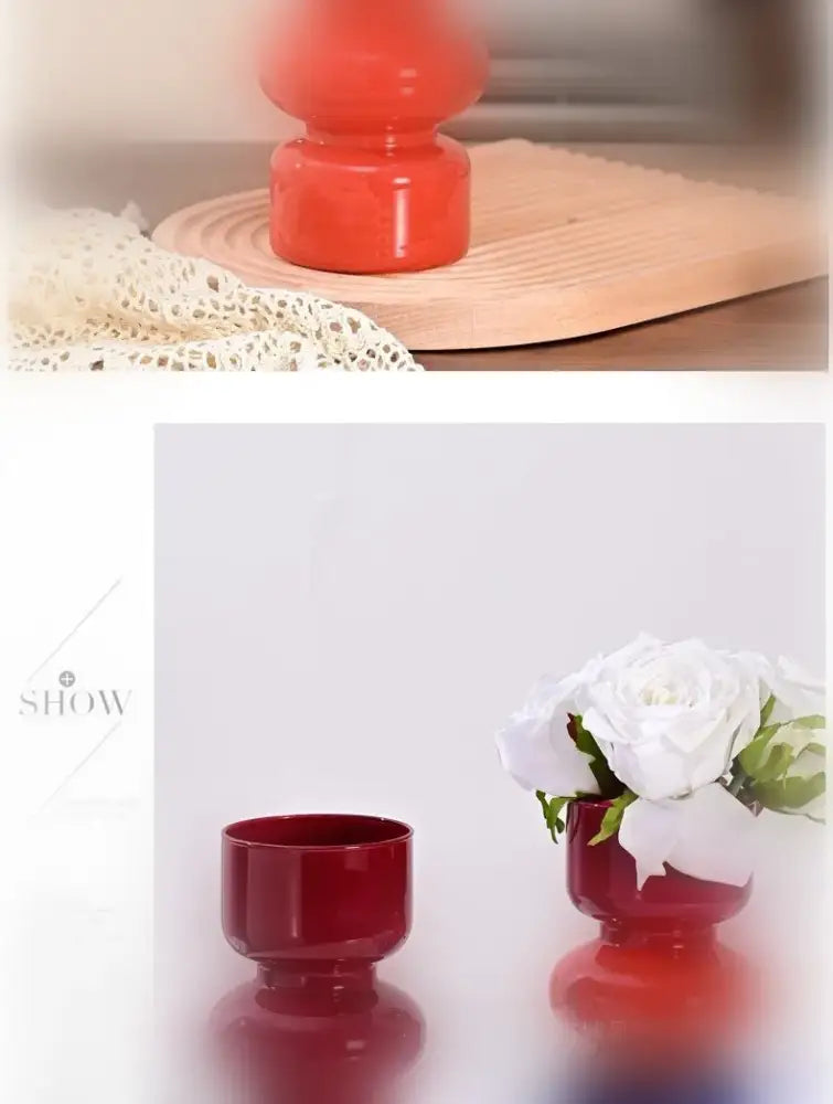 DecorBites™ retro glass vase vibrant red ceramic with glossy finish and tiered bulbous shape for flower arrangements