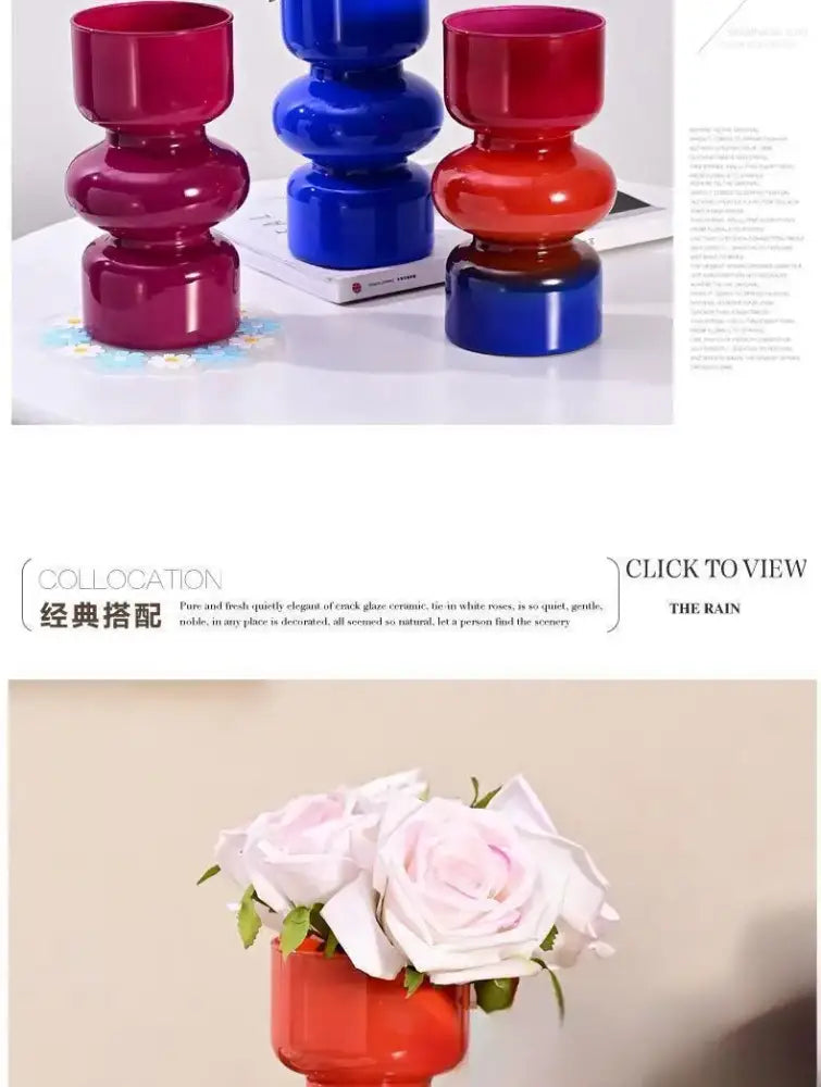 DecorBites™ retro glass vase in vibrant red holding white roses for DIY flower arrangements display