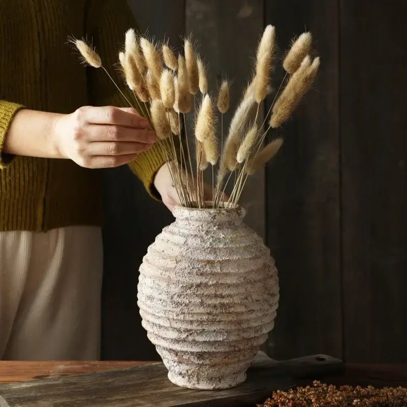 DecorBites™ retro handmade clay vase with horizontal ridges and weathered beige finish for home decor