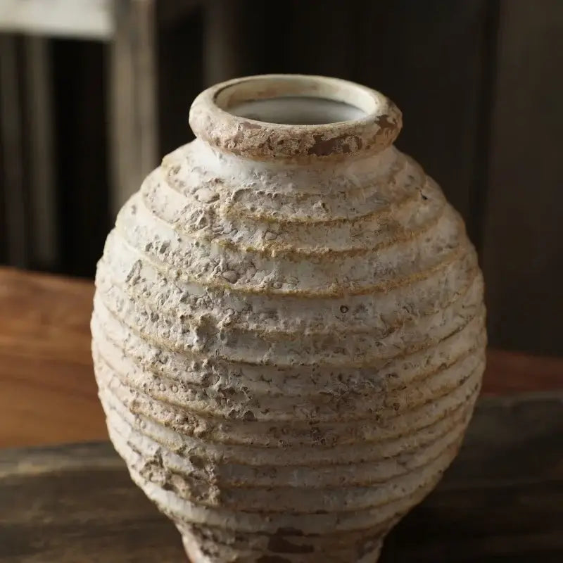 DecorBites™ retro handmade clay vase 21.5cm off-white with textured ribbed surface and subtle earthy tones for home decor