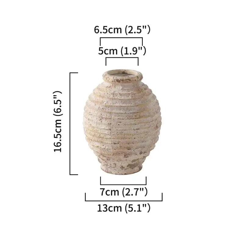 DecorBites™ retro handmade beige ceramic vase with horizontal ridges and weathered texture for home decor