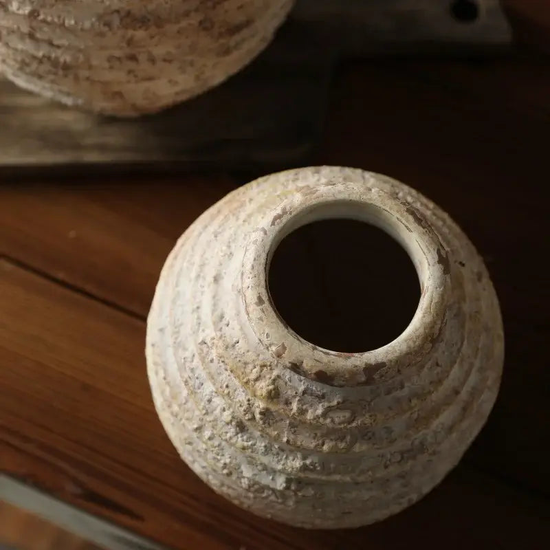 DecorBites™ retro handmade white ceramic vase with textured concentric ridges and wide open top for home decor