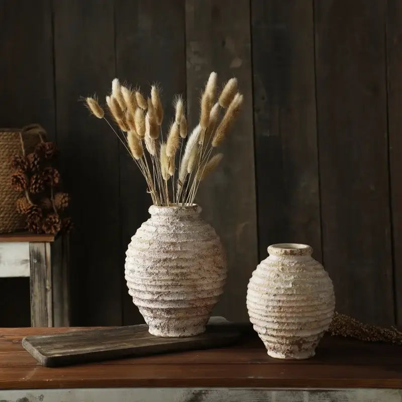 Rustic white ceramic DecorBites™ Retro Handmade clay vase with horizontal ridged texture and distressed finish 21.5cm