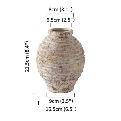 DecorBites™ retro handmade beige clay vase with textured horizontal ridges and a slightly flared rim for home decor