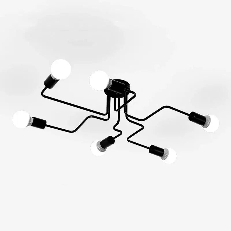 Black metal retro industrial wrought iron ceiling light with six exposed bulb sockets and curved arms by decorbites